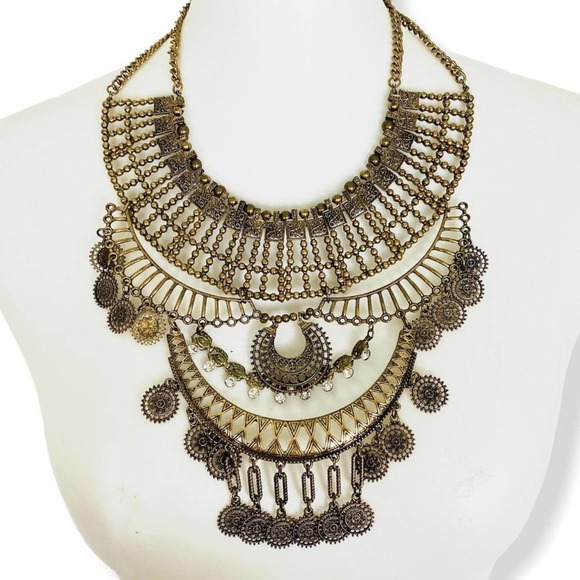Boho Metal Statement Bib Necklace Burnished Gold Mutli-Dangle Large - Picture 1 of 7